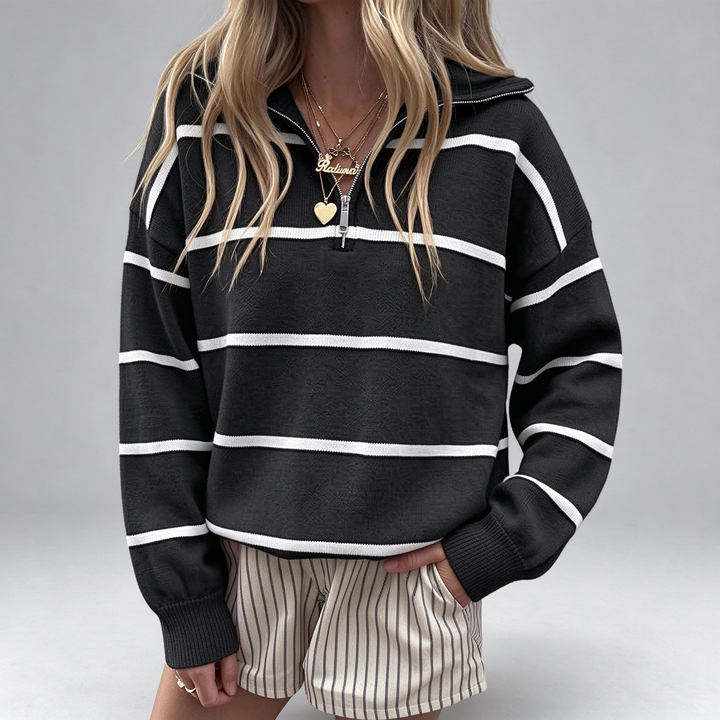 New Autumn/Winter Striped Zip-Up Knit Top