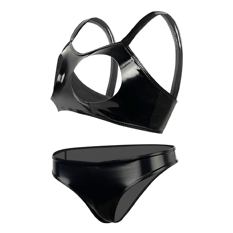 Sexy glossy patent PU bra and narrow-crotch panty set