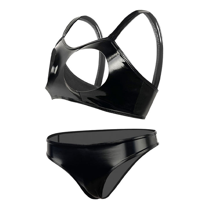 Sexy glossy patent PU bra and narrow-crotch panty set