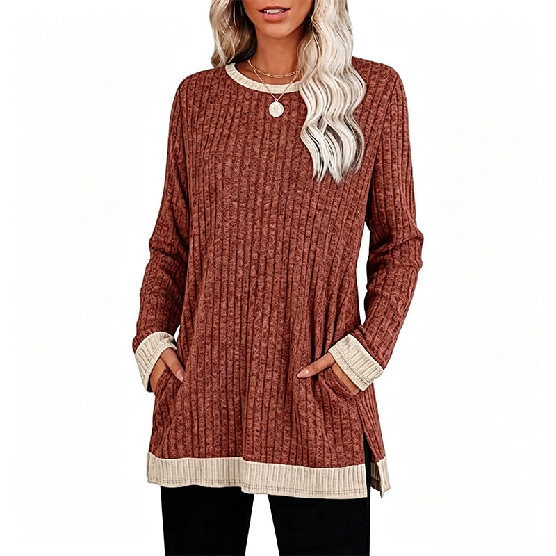 New Color-Block Long-Sleeve T-Shirt (with Pocket and Side Slits)