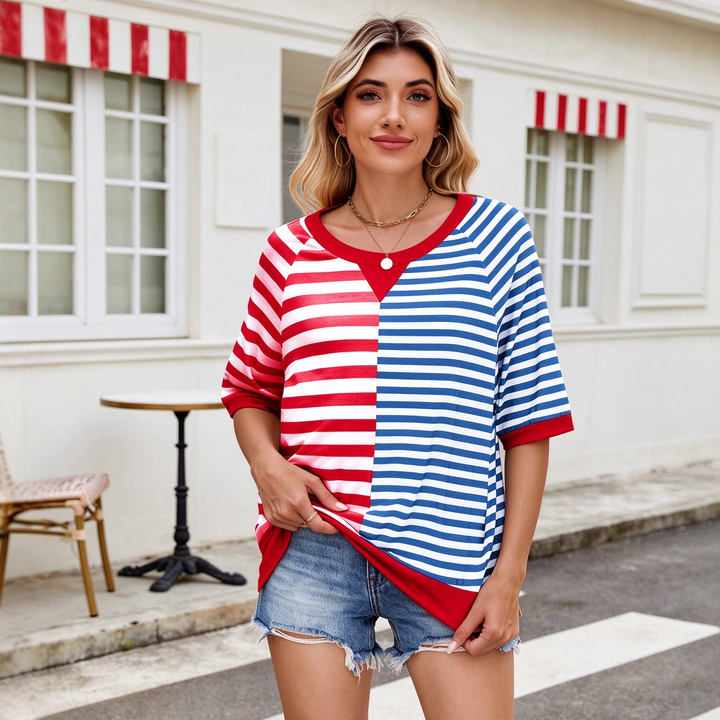 New loose-fit, short-sleeved, color-block striped crew-neck top