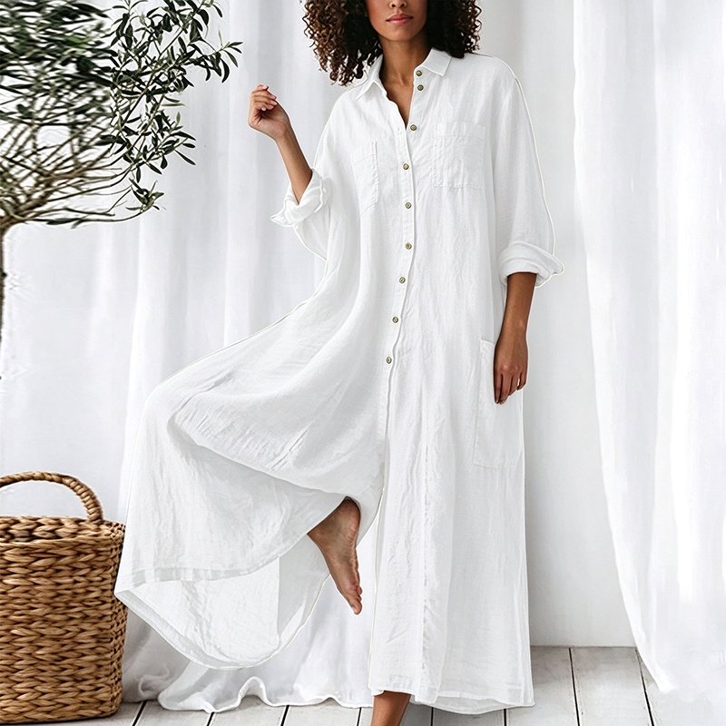 Solid-color mid-length cotton-linen shirt-style jumpsuit