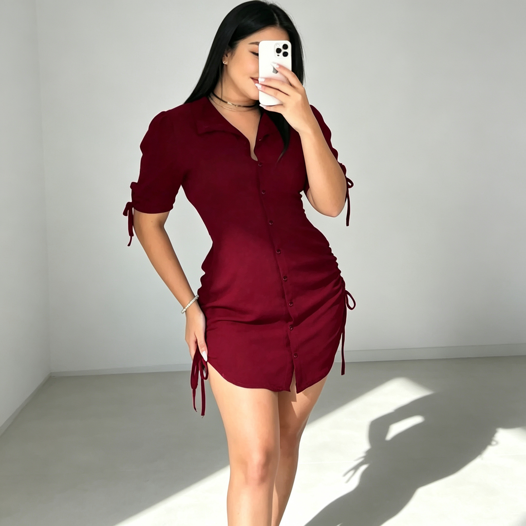 New stylish solid-color short-sleeve drawstring shirt dress