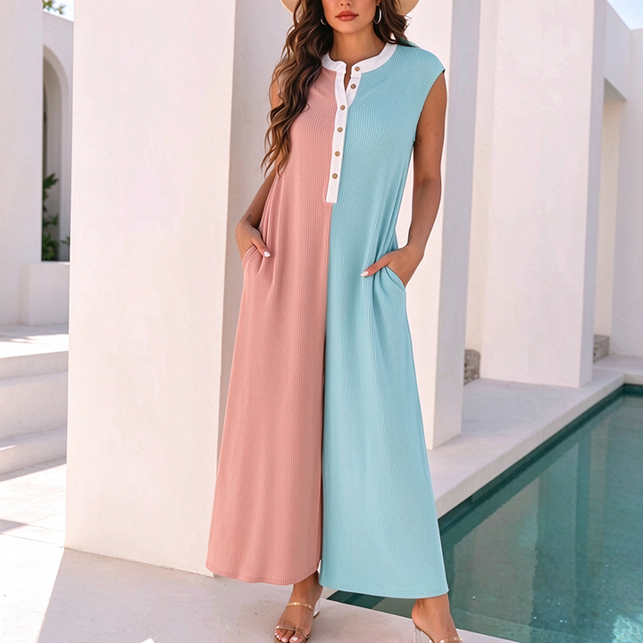 New Summer Color-Block Sleeveless Wide-Leg Jumpsuit