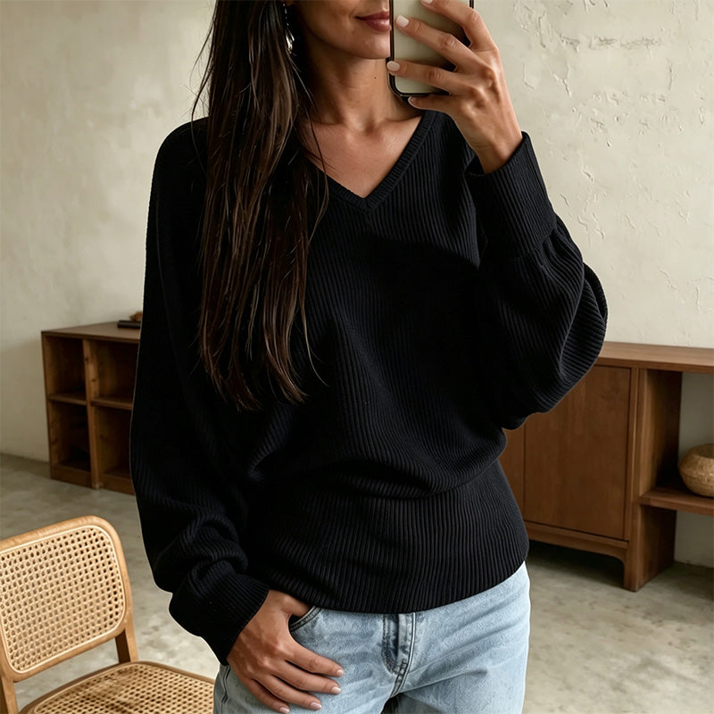 New Casual Loose Ribbed V-Neck Long-Sleeve T-Shirt