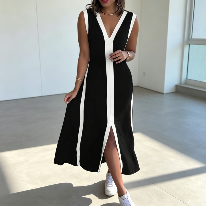 Plus-size striped sleeveless loose V-neck tank dress with side slits