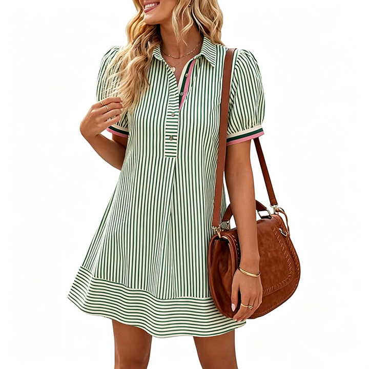 Striped Casual Button-Collar Dress with Puff Sleeves