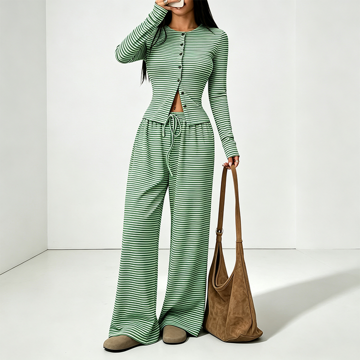 Best-selling striped set: slim-fit long-sleeve top and trousers.