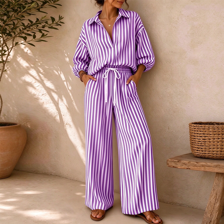 New Summer Striped Three-Quarter Sleeve Top and Straight-Leg Pants Set