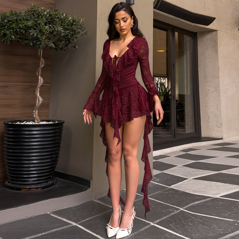 New Lace Deep V-Neck Ruffled Dress
