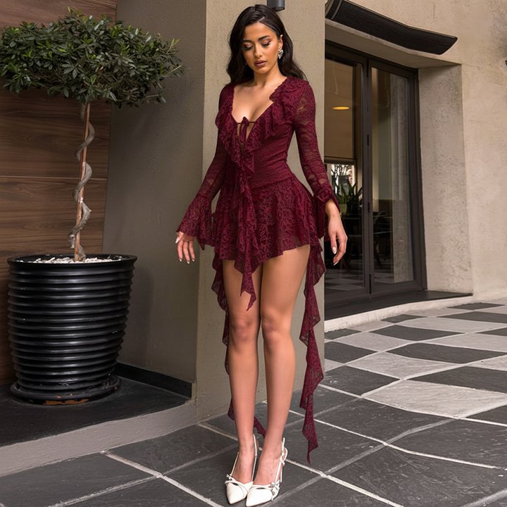 New Lace Deep V-Neck Ruffled Dress