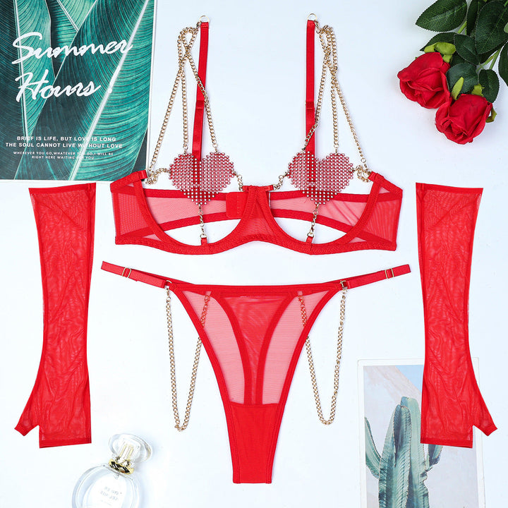 Heart Crystal &amp; Metallic Chain Lingerie Set