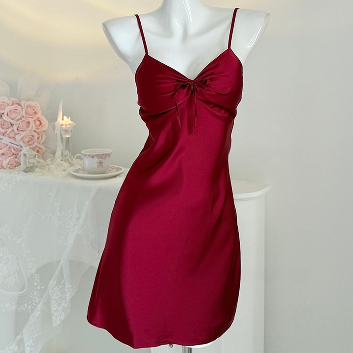 Ice-silk and lace camisole nightdress, featuring built-in pads and a bow detail