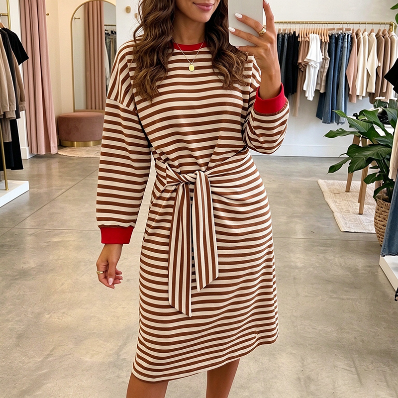 New striped patchwork long-sleeve loose dress
