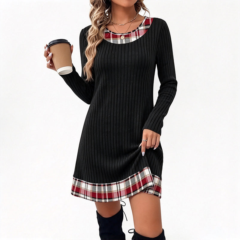 Plaid-Panel Casual Knit Sweater Dress