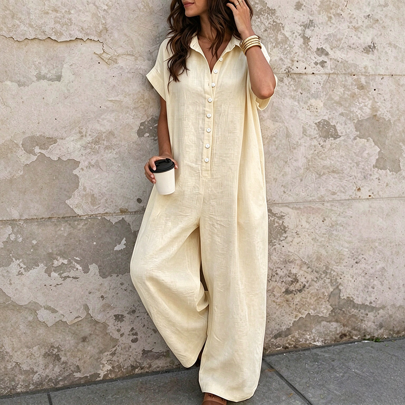Casual solid-color short-sleeved romper for summer