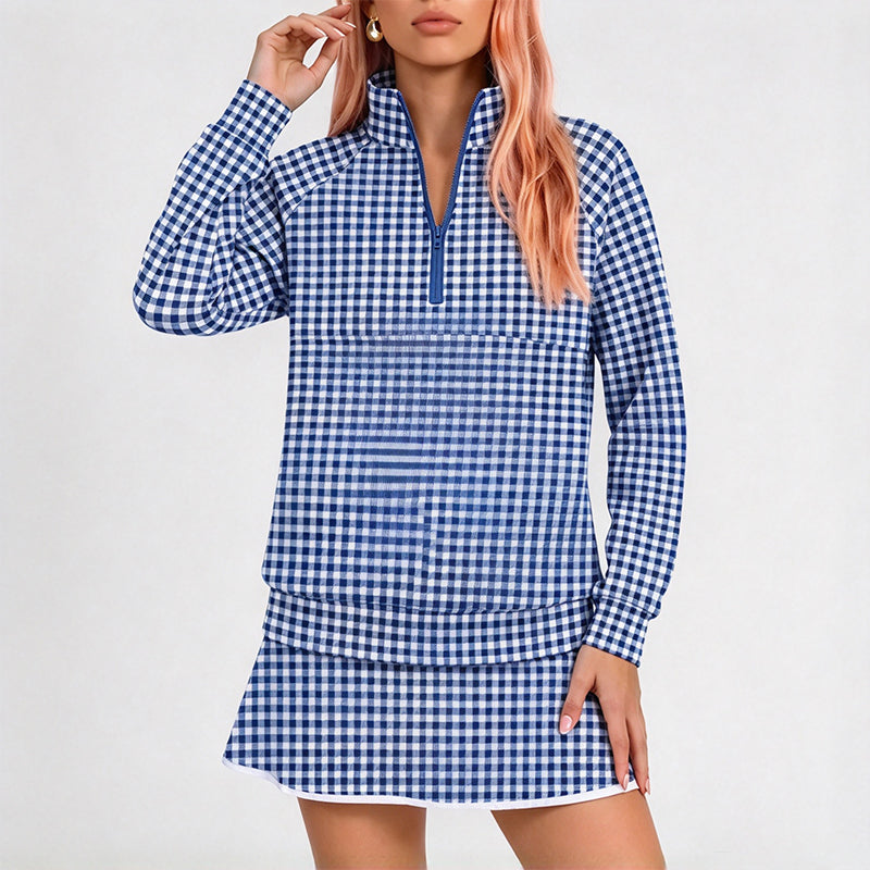 Checked half-placket pullover set