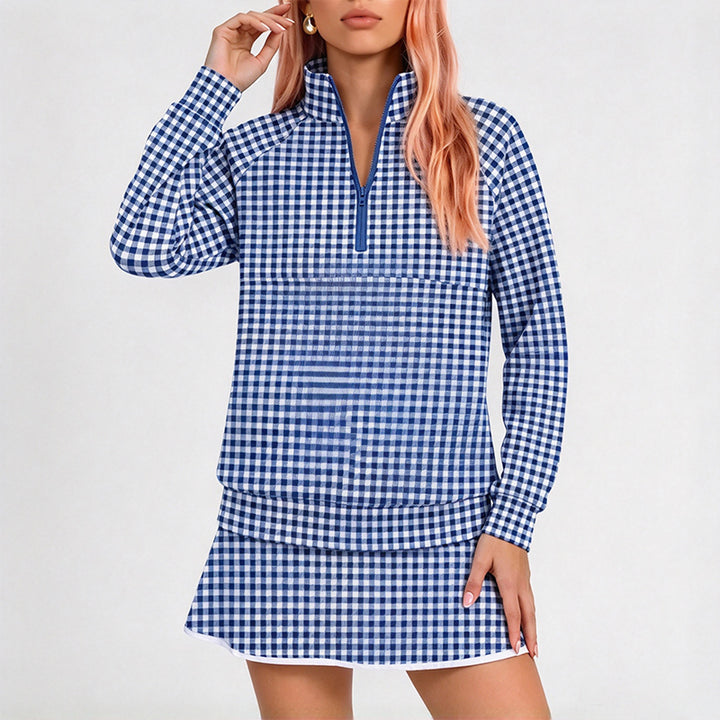 Checked half-placket pullover set