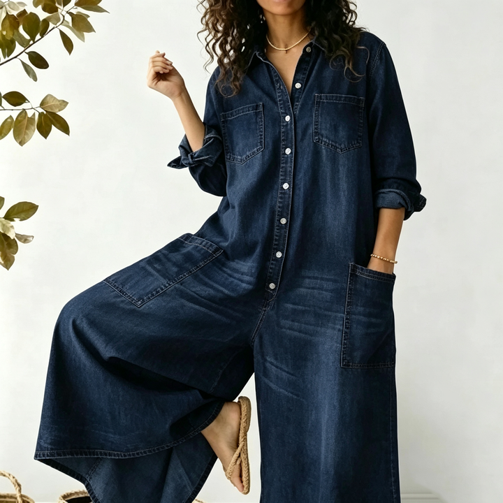 Single-Breasted Denim-Look Shirt Jumpsuit