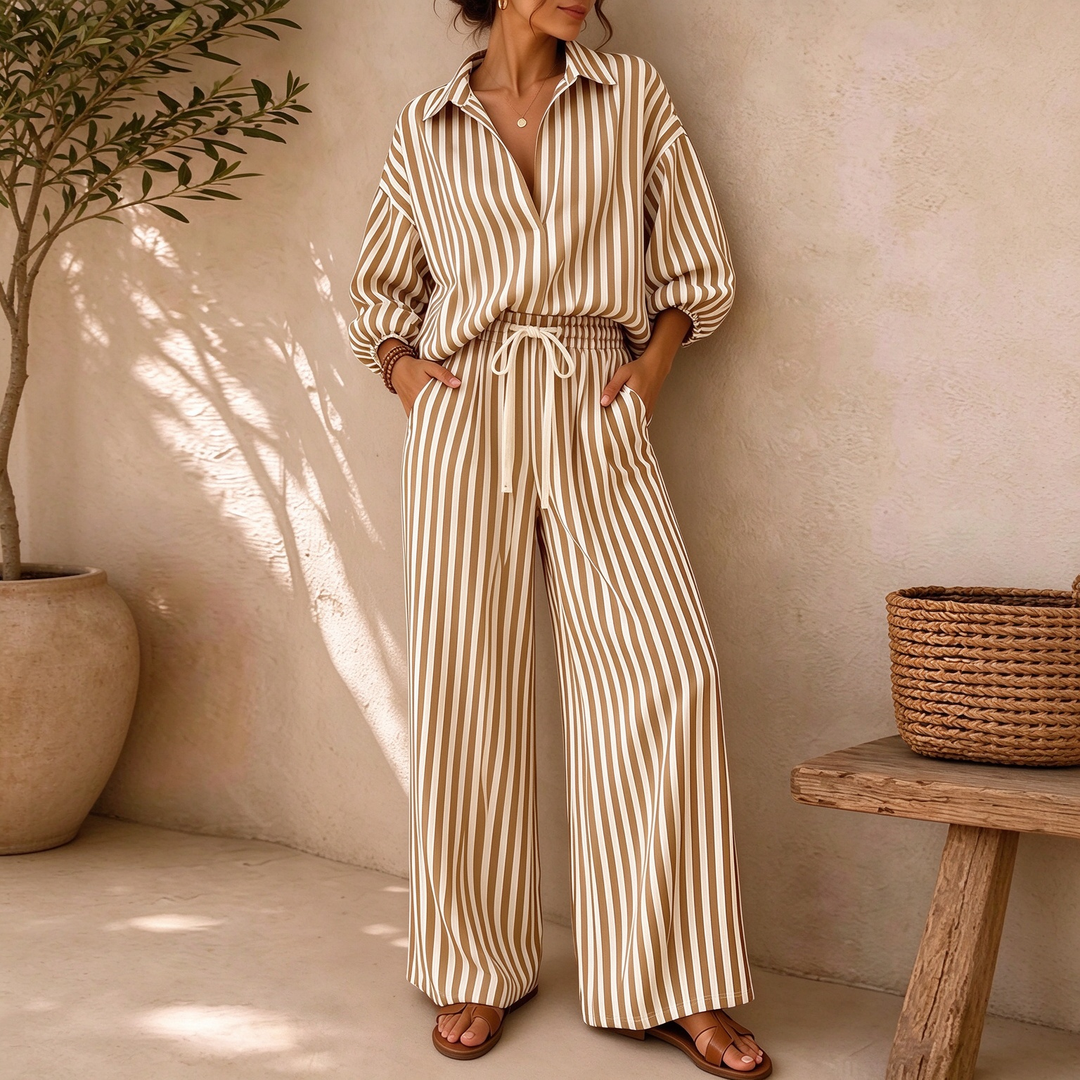 New Summer Striped Three-Quarter Sleeve Top and Straight-Leg Pants Set