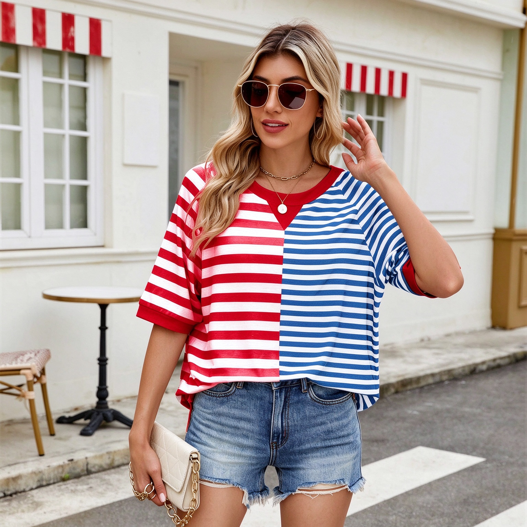 New loose-fit, short-sleeved, color-block striped crew-neck top