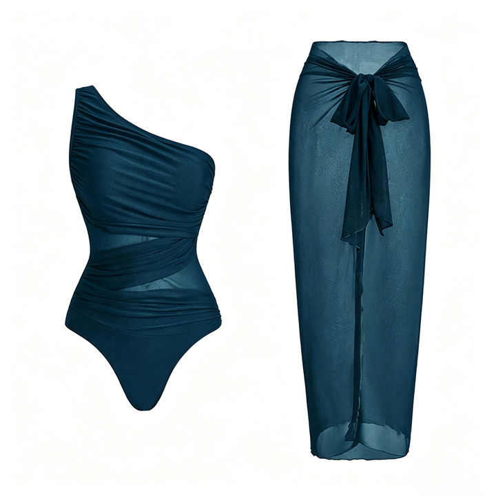 Mesh-Paneled One-Piece Swimsuit (with Wrap Skirt)