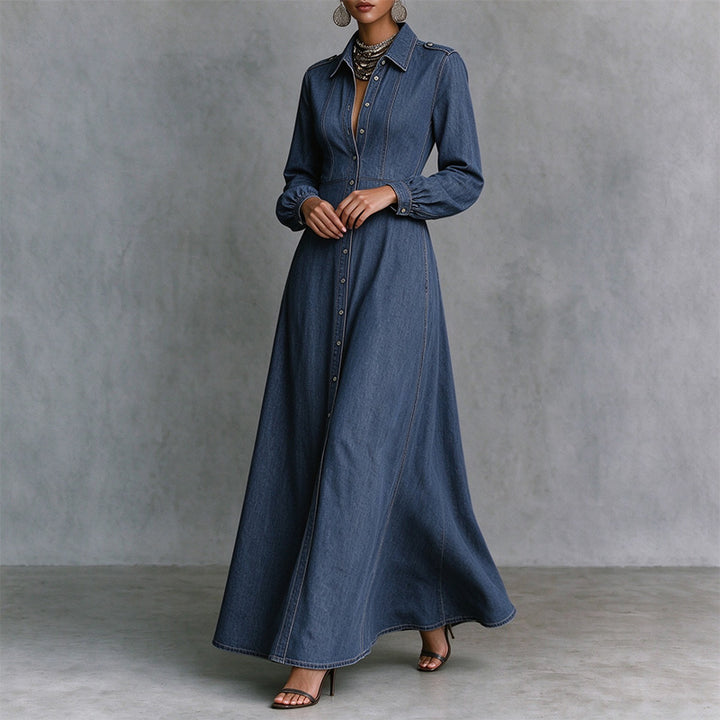 Best-selling slim-fit long-sleeve collared denim dress