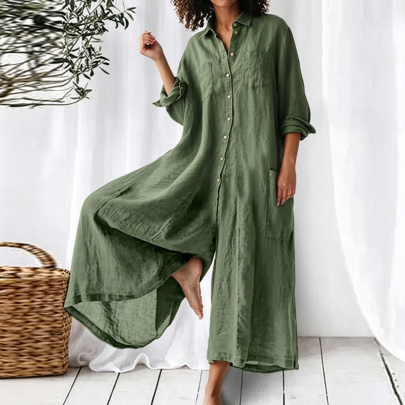Solid-color mid-length cotton-linen shirt-style jumpsuit
