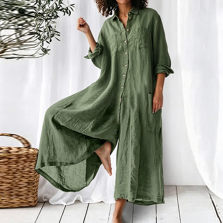 Solid-color mid-length cotton-linen shirt-style jumpsuit