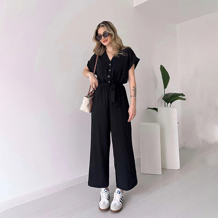 Solid-color V-neck high-waisted belted straight-leg jumpsuit