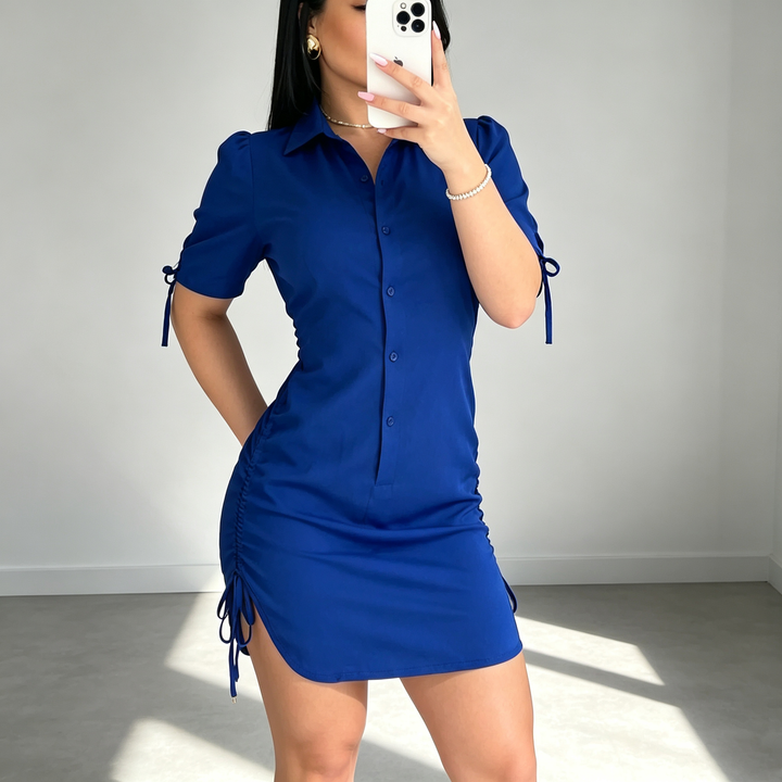 New stylish solid-color short-sleeve drawstring shirt dress
