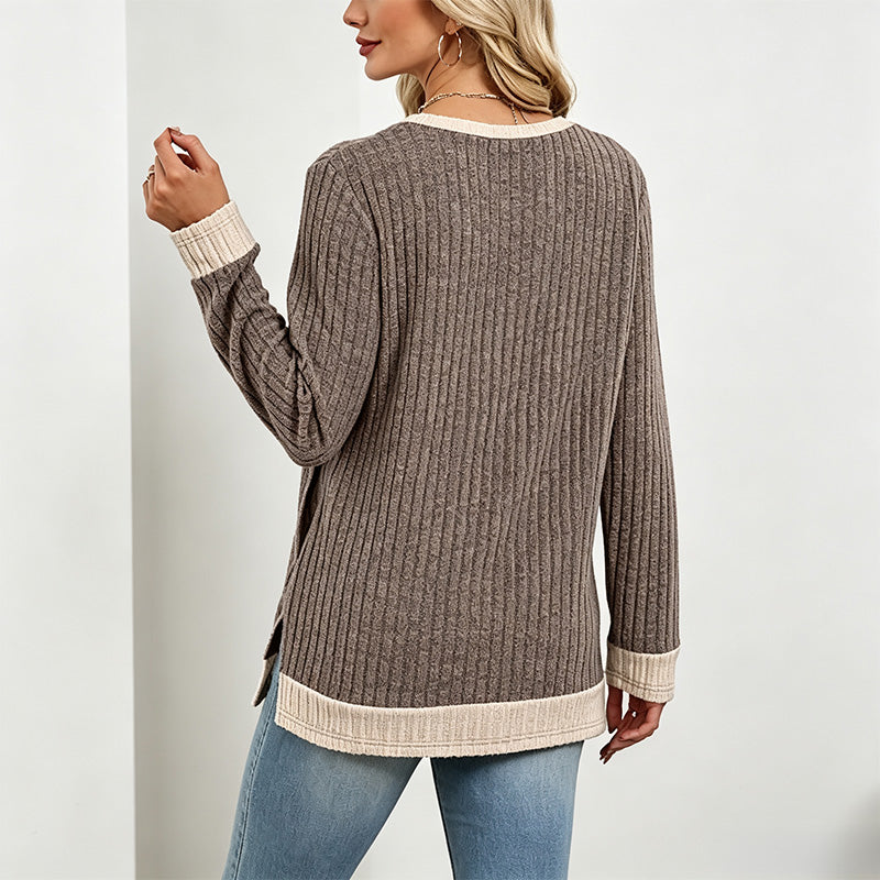 New Color-Block Long-Sleeve T-Shirt (with Pocket and Side Slits)