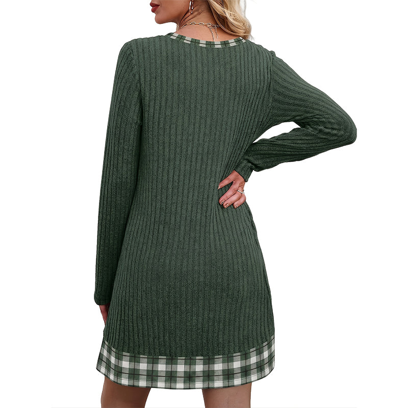 Plaid-Panel Casual Knit Sweater Dress