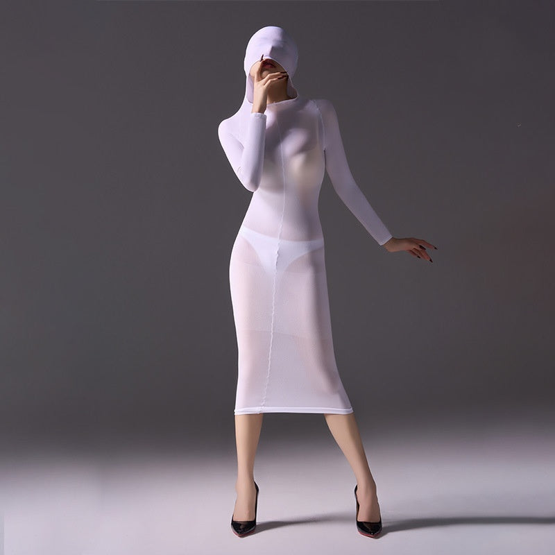 Mysterious, form-fitting, bodycon dress.