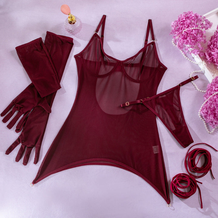 Sheer Mesh 3-Piece Lingerie Set with Gloves &amp; Wrap Ties