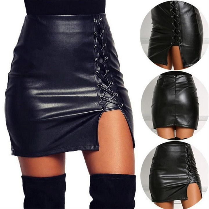 Hot-selling PU leather bodycon mini skirt with tie hem and slit design.
