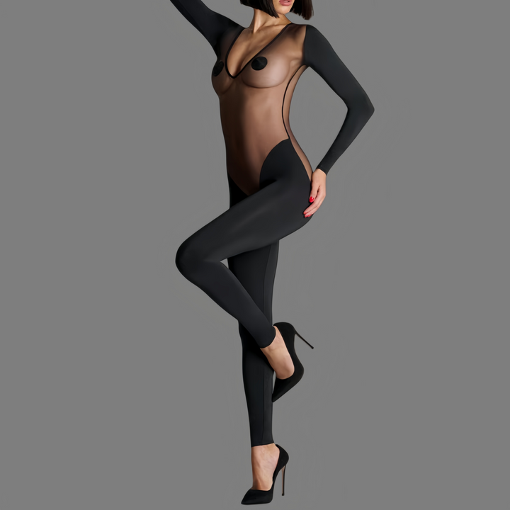 New style low-cut long-sleeved sheer jumpsuit