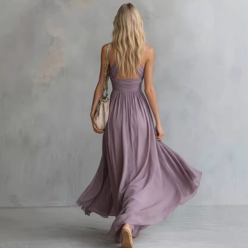 New sexy solid-color V-neck sleeveless waist-cinching dress