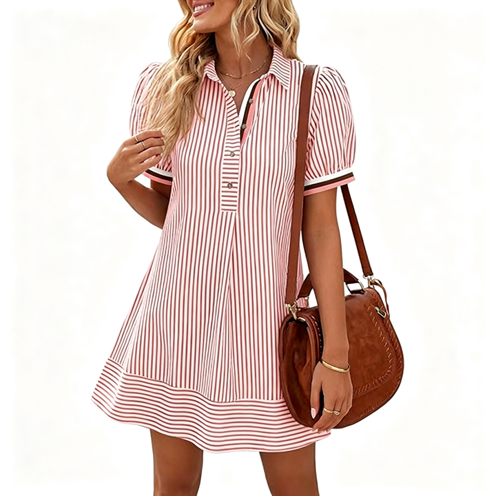 Striped Casual Button-Collar Dress with Puff Sleeves