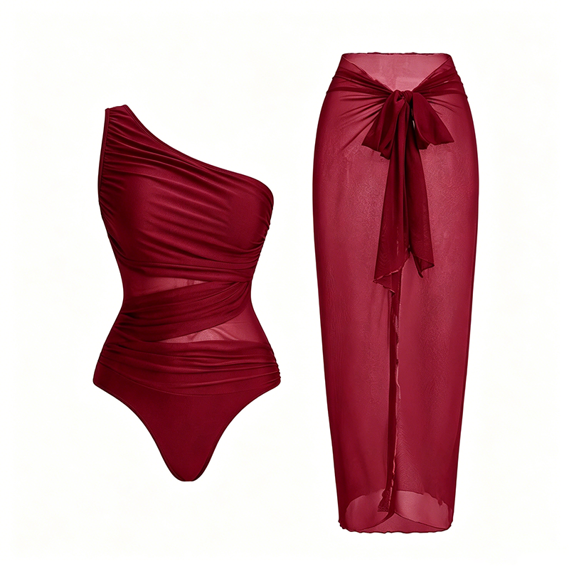 Mesh-Paneled One-Piece Swimsuit (with Wrap Skirt)