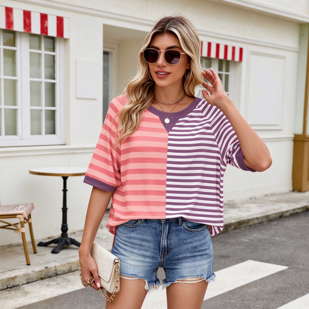 New loose-fit, short-sleeved, color-block striped crew-neck top