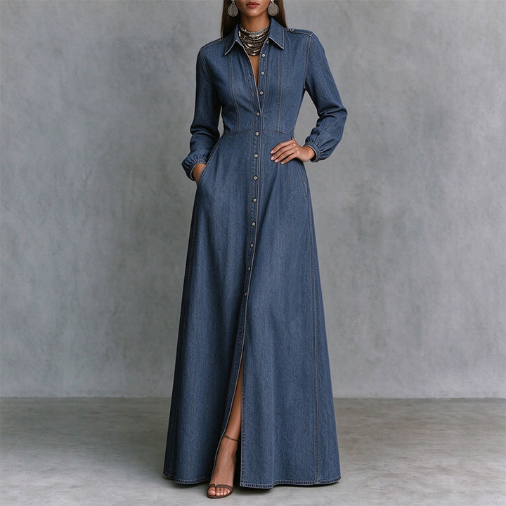 Best-selling slim-fit long-sleeve collared denim dress