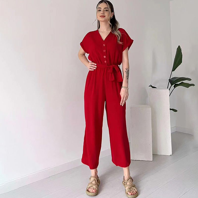 Solid-color V-neck high-waisted belted straight-leg jumpsuit