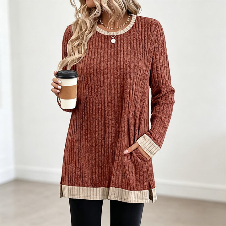 New Color-Block Long-Sleeve T-Shirt (with Pocket and Side Slits)
