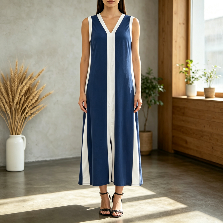 Plus-size striped sleeveless loose V-neck tank dress with side slits