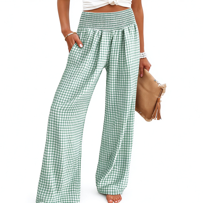 High-waisted, wide-leg plaid trousers—a stylish choice