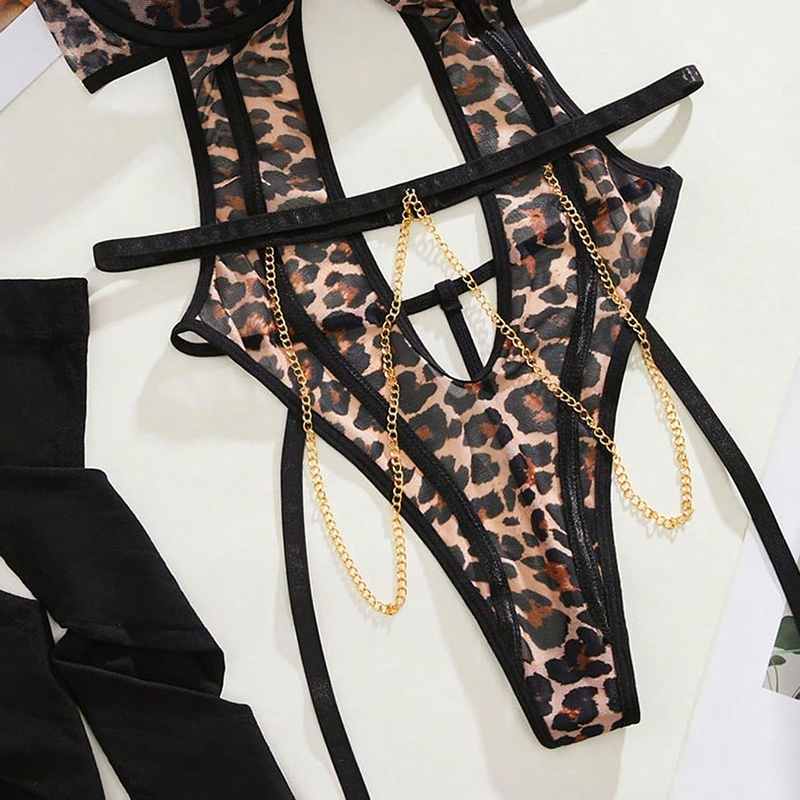 Leopard-Print Bodysuit with Metal Chain Accents