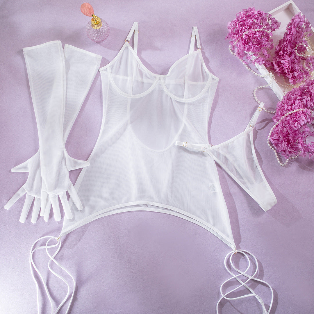 Sheer Mesh 3-Piece Lingerie Set with Gloves &amp; Wrap Ties