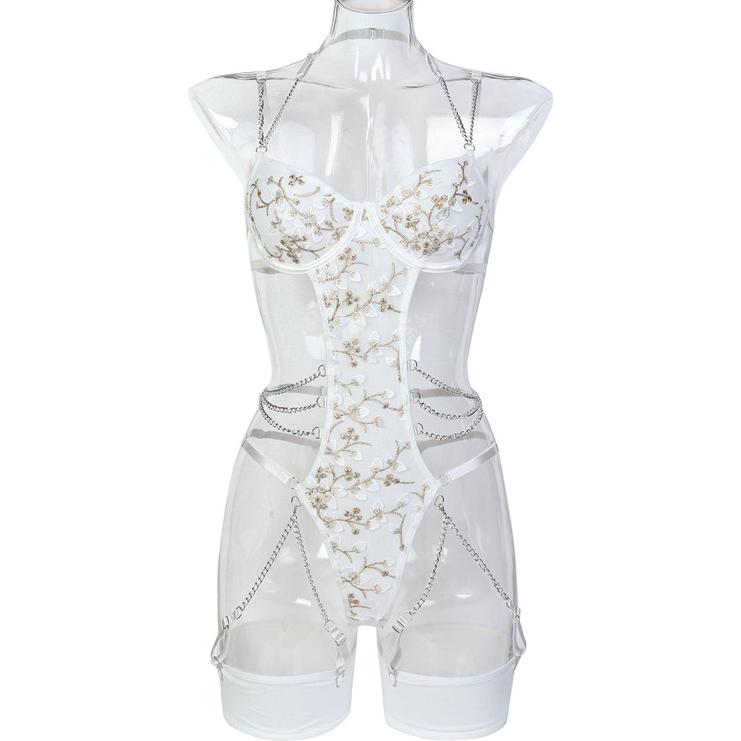 Lace Embroidered Metal Chain Halter Bodysuit