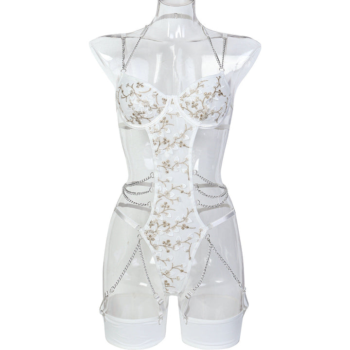Lace Embroidered Metal Chain Halter Bodysuit